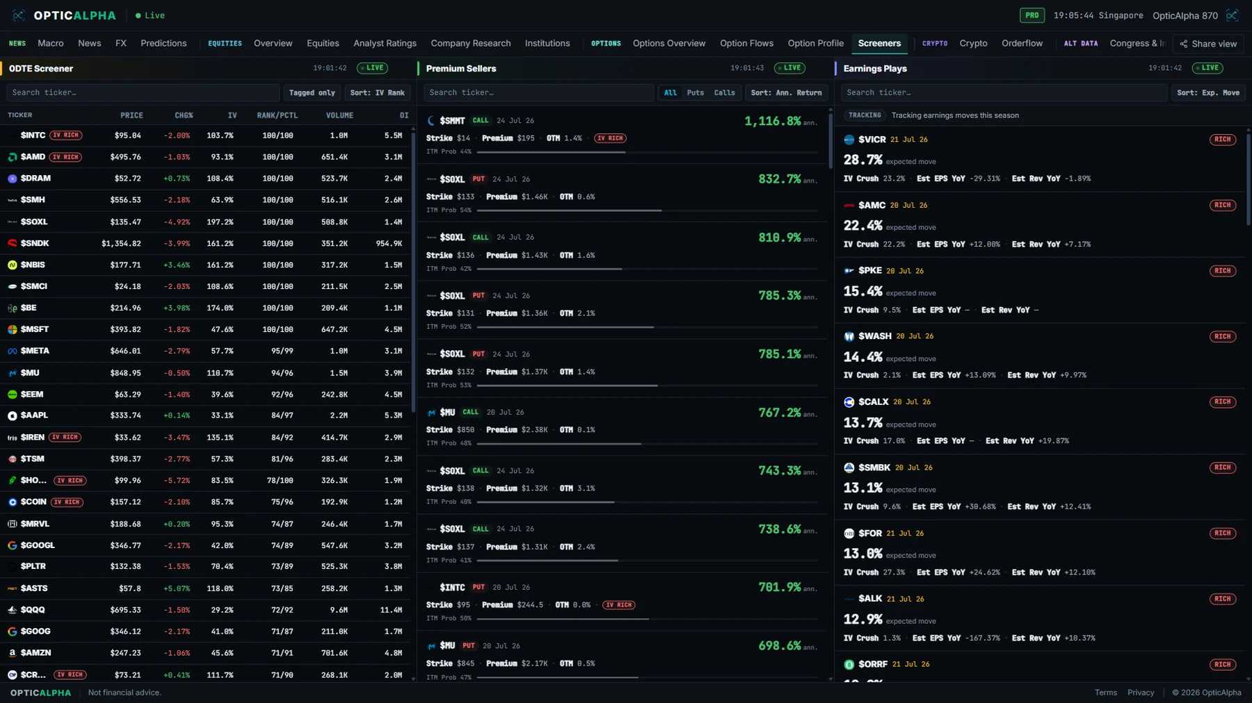 OpticAlpha screeners tab showing 0DTE, premium sellers, and earnings plays panels