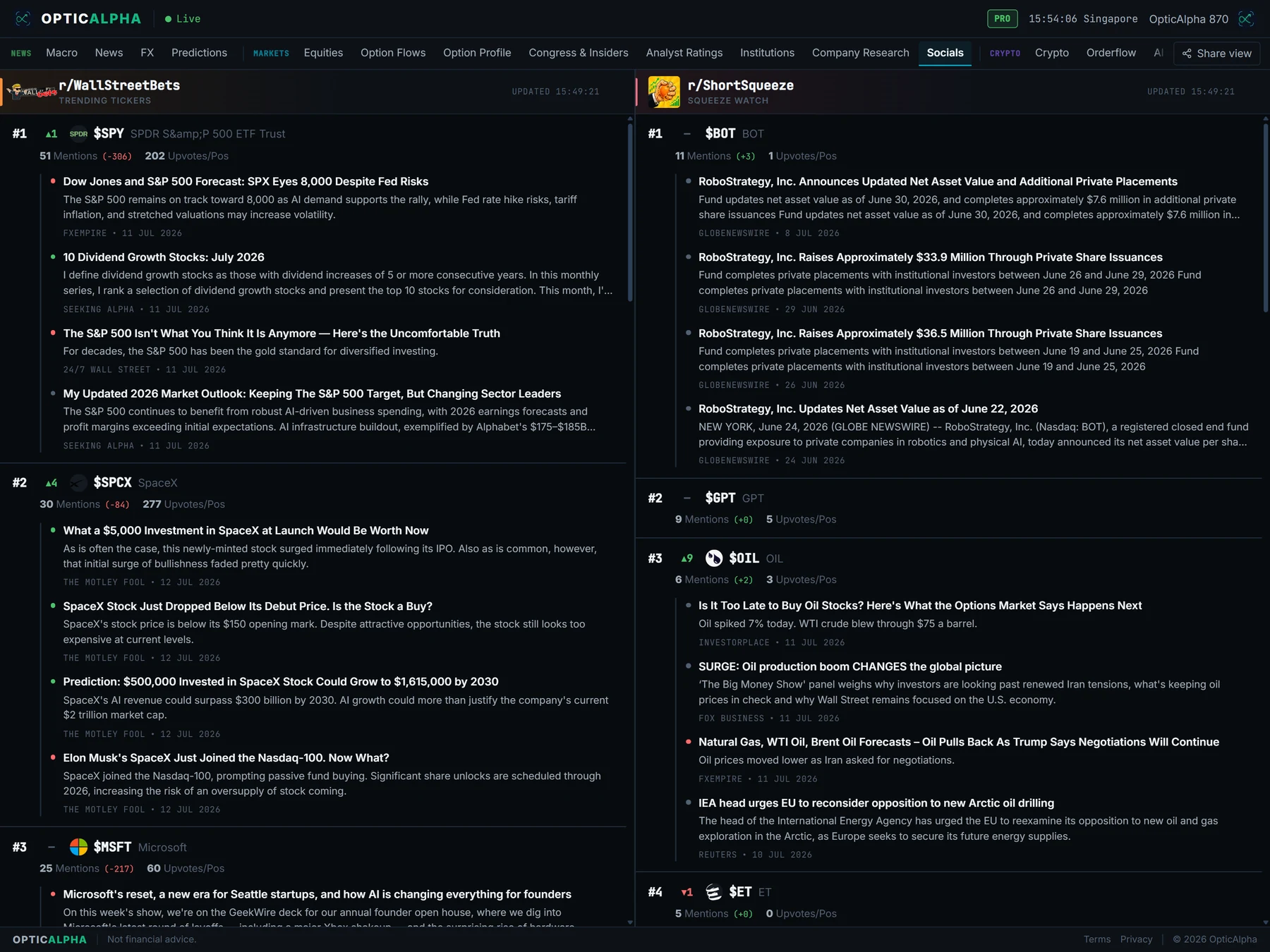 OpticAlpha socials tab showing WallStreetBets trending tickers and a short squeeze watchlist