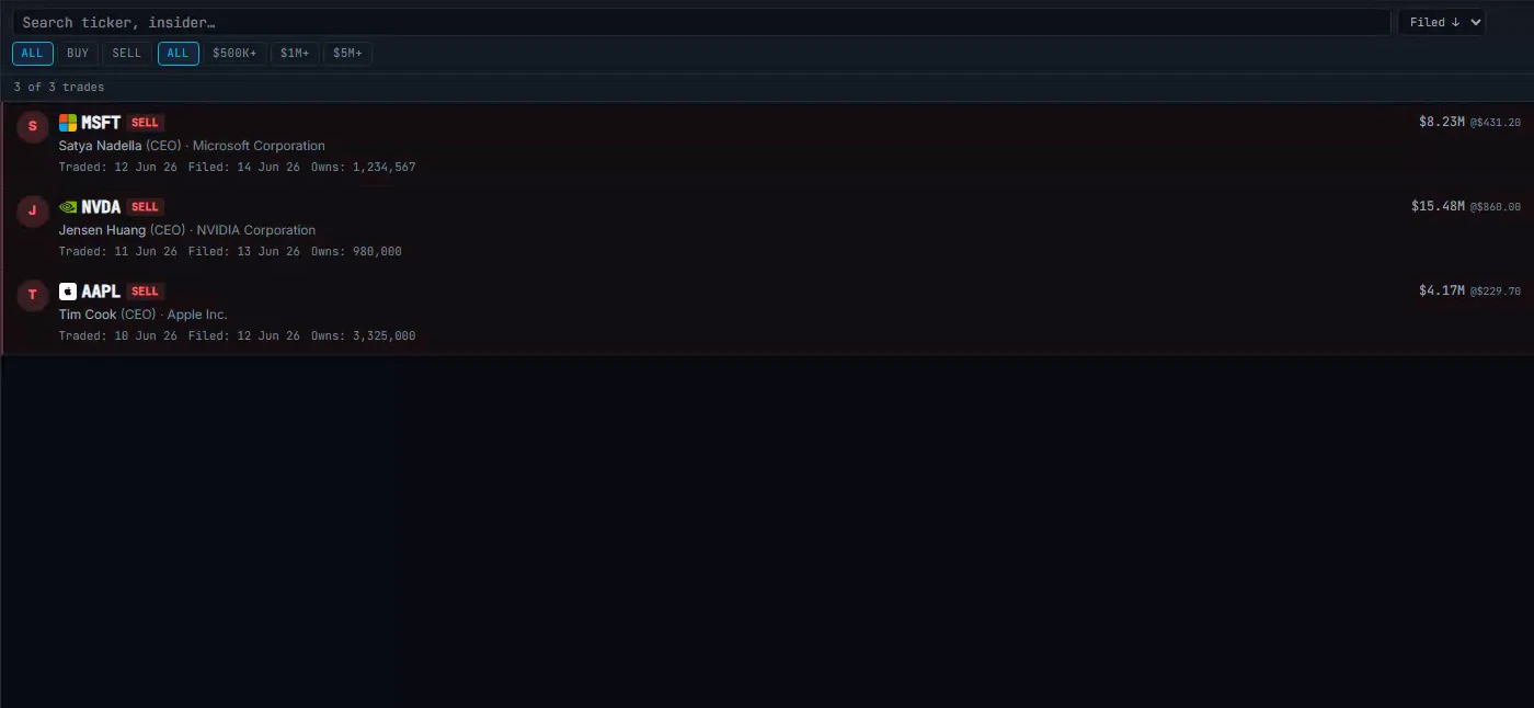 Insider trades table streaming in live Form 4 buy and sell filings with ticker, insider name, and transaction value